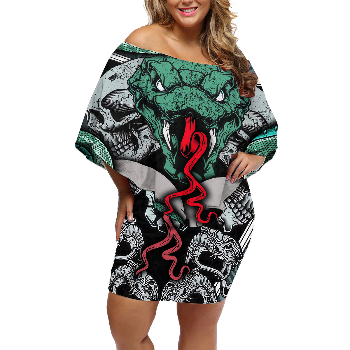 Infernal Trio Off Shoulder Short Dress Skull, Viper, and Sinister Snake - Wonder Print Shop