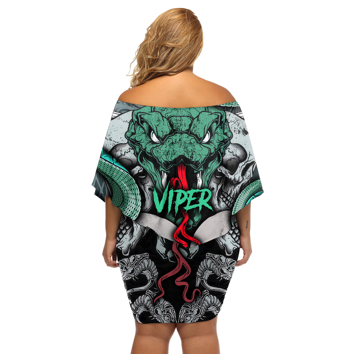 Infernal Trio Off Shoulder Short Dress Skull, Viper, and Sinister Snake - Wonder Print Shop