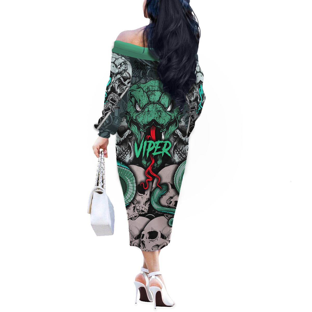 Infernal Trio Off The Shoulder Long Sleeve Dress Skull, Viper, and Sinister Snake - Wonder Print Shop