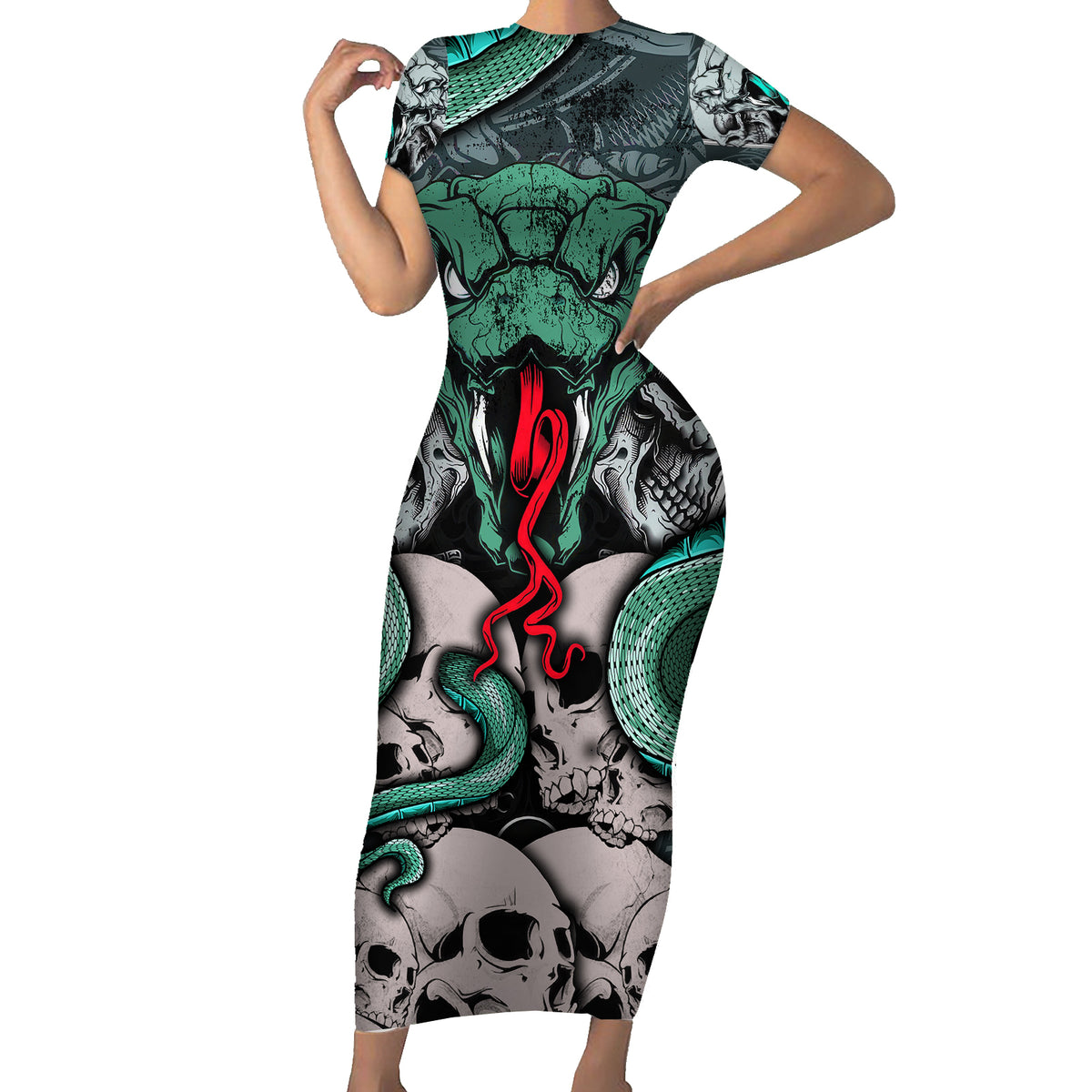 Infernal Trio Short Sleeve Bodycon Dress Skull, Viper, and Sinister Snake - Wonder Print Shop