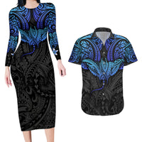 Polynesian Ray Pattern Couples Matching Long Sleeve Bodycon Dress and Hawaiian Shirt - Wonder Print Shop