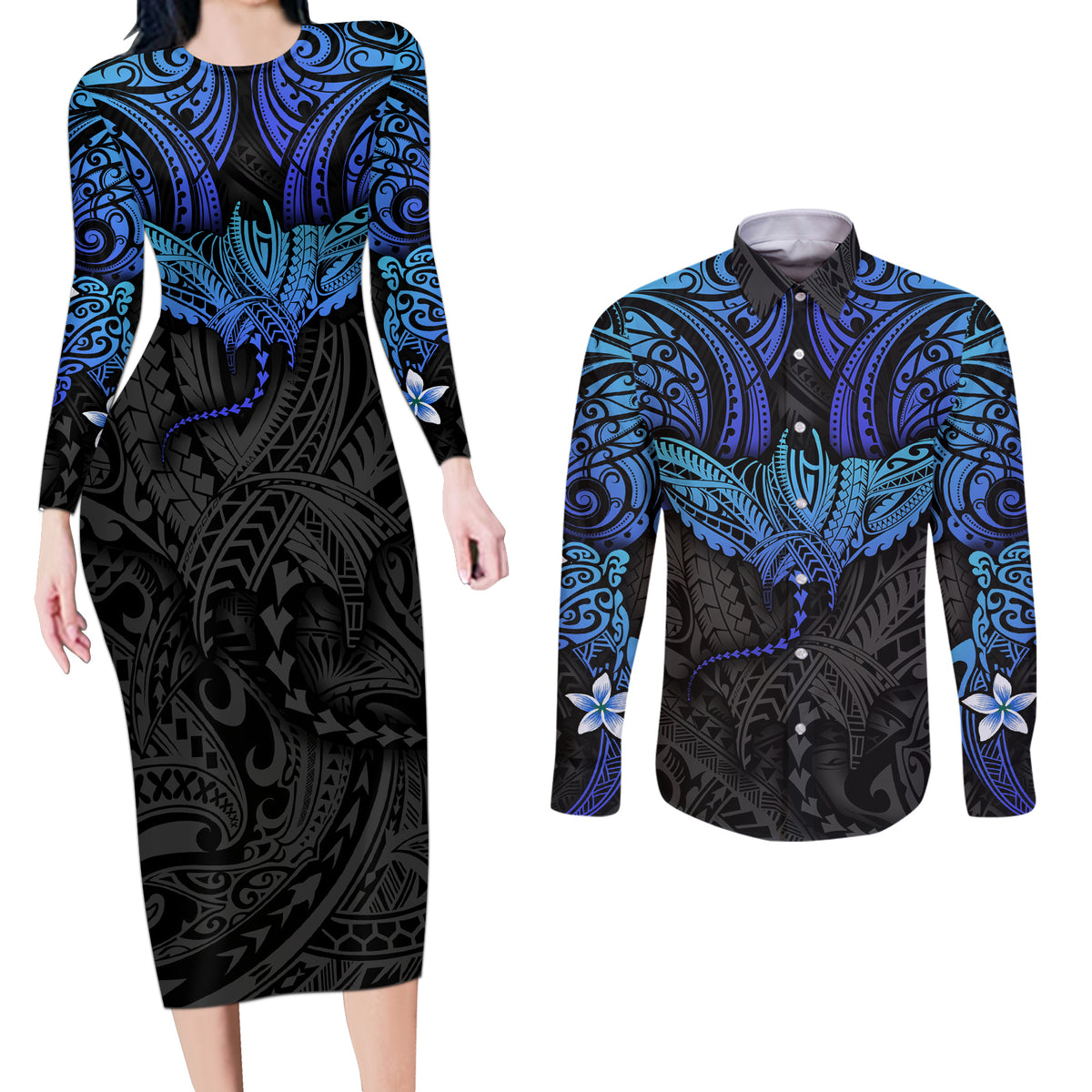 Polynesian Ray Pattern Couples Matching Long Sleeve Bodycon Dress and Long Sleeve Button Shirt - Wonder Print Shop