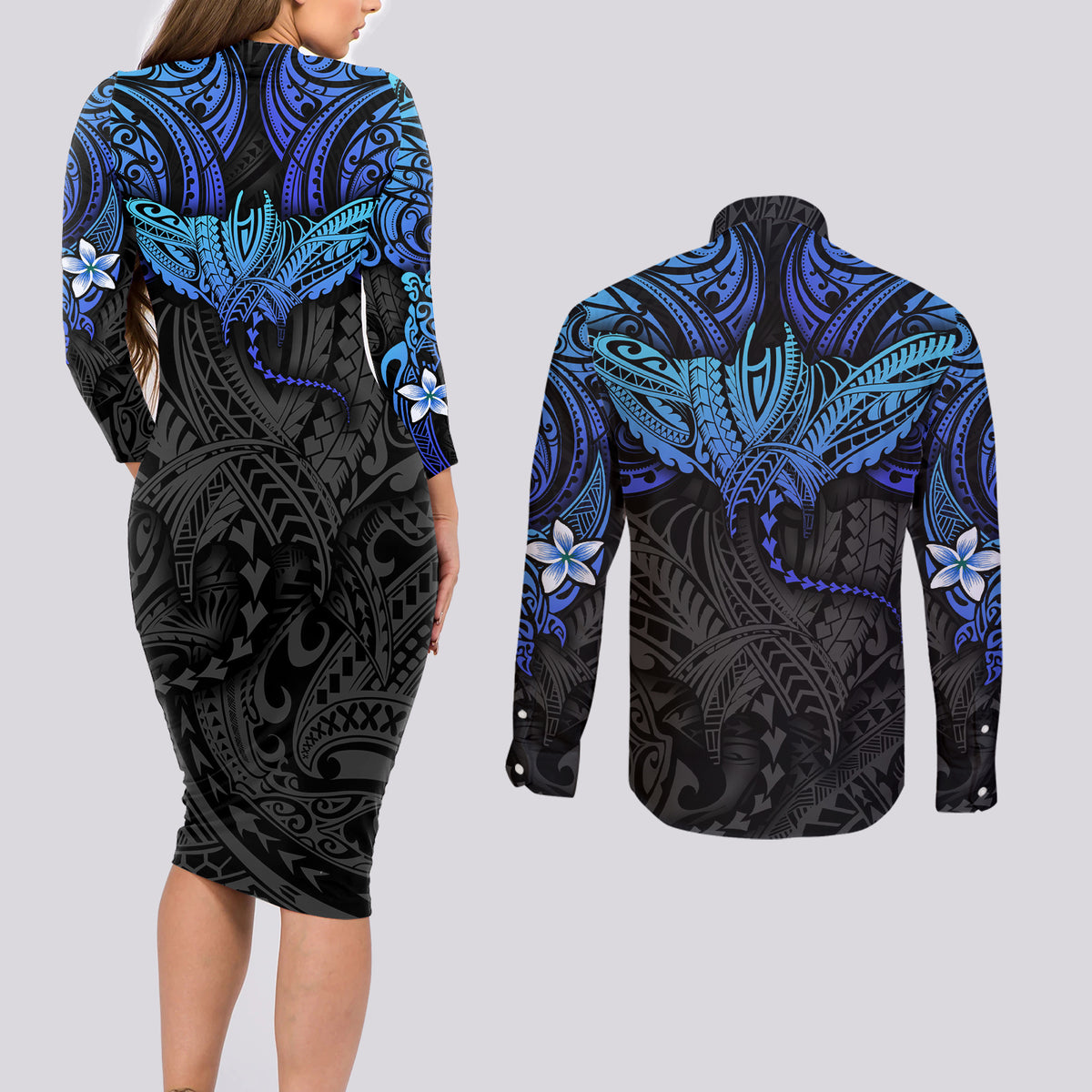 Polynesian Ray Pattern Couples Matching Long Sleeve Bodycon Dress and Long Sleeve Button Shirt - Wonder Print Shop