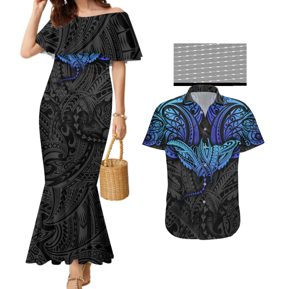 Polynesian Ray Pattern Couples Matching Mermaid Dress and Hawaiian Shirt - Wonder Print Shop