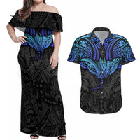 Polynesian Ray Pattern Couples Matching Off Shoulder Maxi Dress and Hawaiian Shirt - Wonder Print Shop
