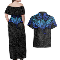 Polynesian Ray Pattern Couples Matching Off Shoulder Maxi Dress and Hawaiian Shirt - Wonder Print Shop