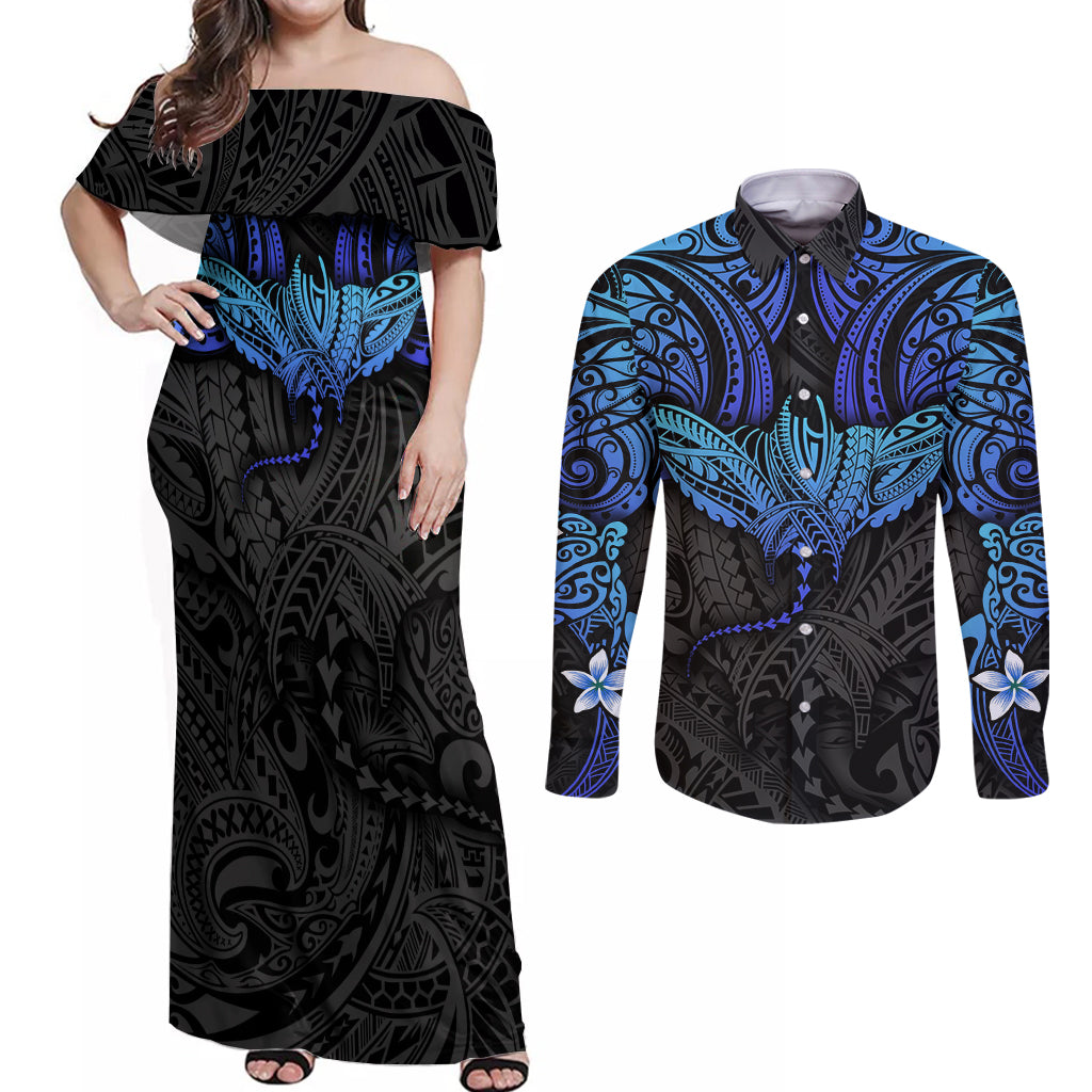 Polynesian Ray Pattern Couples Matching Off Shoulder Maxi Dress and Long Sleeve Button Shirt - Wonder Print Shop