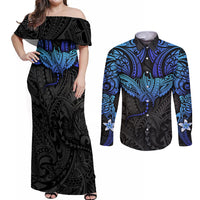 Polynesian Ray Pattern Couples Matching Off Shoulder Maxi Dress and Long Sleeve Button Shirt - Wonder Print Shop