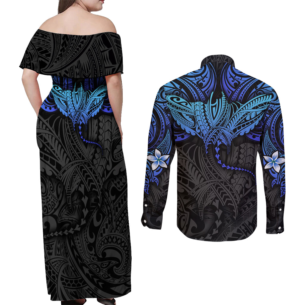 Polynesian Ray Pattern Couples Matching Off Shoulder Maxi Dress and Long Sleeve Button Shirt - Wonder Print Shop