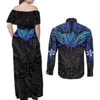 Polynesian Ray Pattern Couples Matching Off Shoulder Maxi Dress and Long Sleeve Button Shirt - Wonder Print Shop