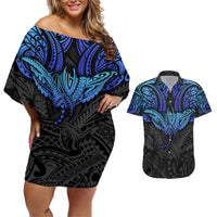 Polynesian Ray Pattern Couples Matching Off Shoulder Short Dress and Hawaiian Shirt - Wonder Print Shop
