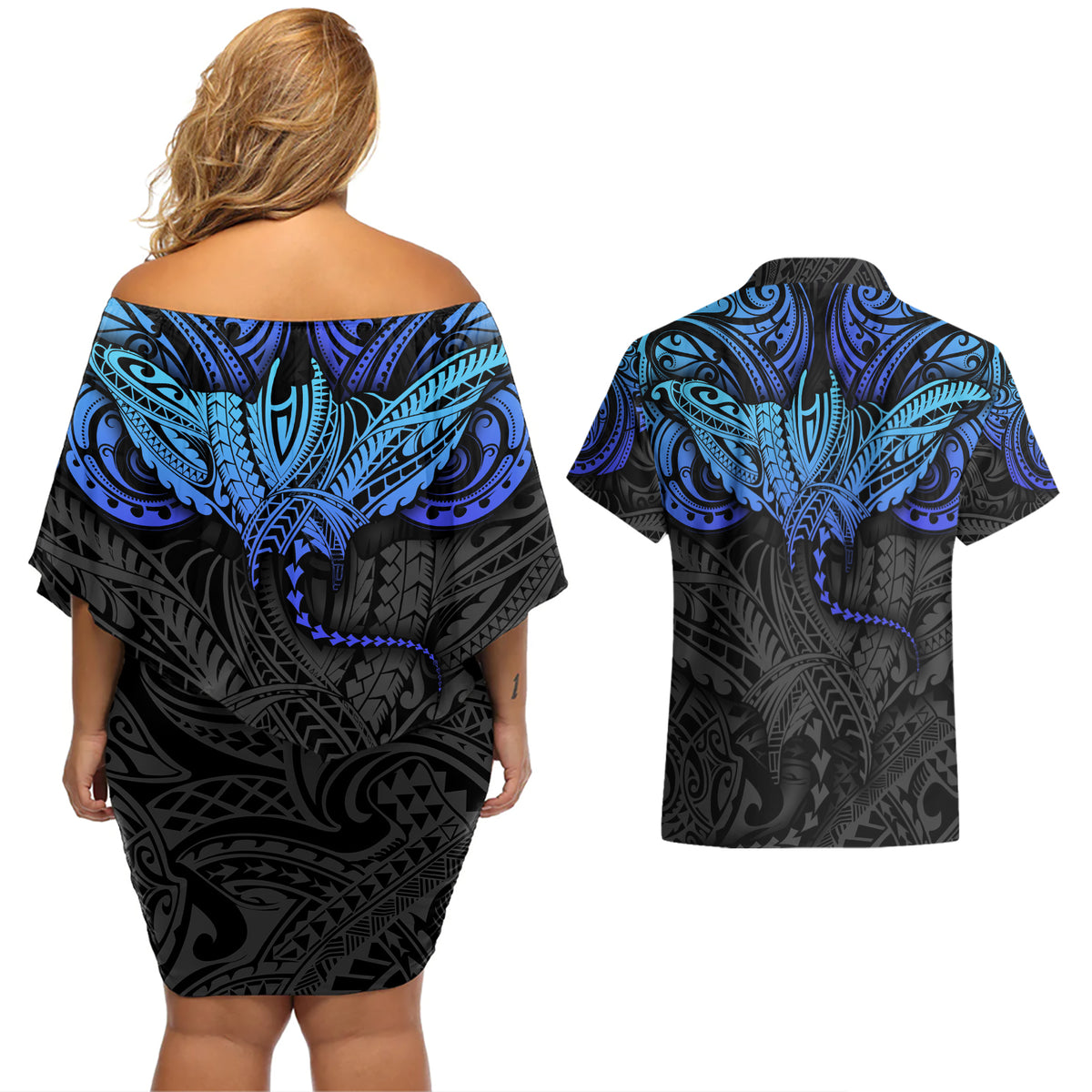Polynesian Ray Pattern Couples Matching Off Shoulder Short Dress and Hawaiian Shirt - Wonder Print Shop