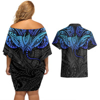 Polynesian Ray Pattern Couples Matching Off Shoulder Short Dress and Hawaiian Shirt - Wonder Print Shop