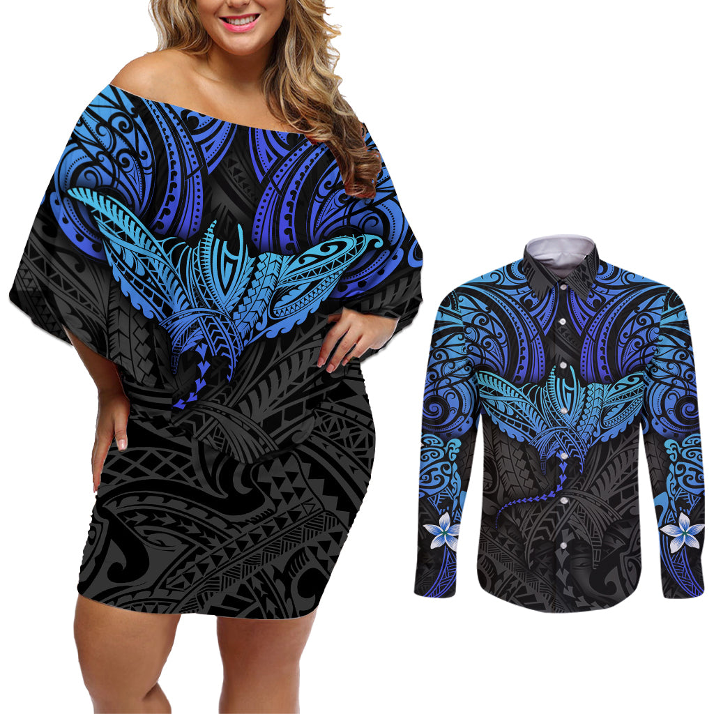 Polynesian Ray Pattern Couples Matching Off Shoulder Short Dress and Long Sleeve Button Shirt - Wonder Print Shop