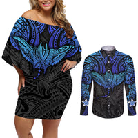 Polynesian Ray Pattern Couples Matching Off Shoulder Short Dress and Long Sleeve Button Shirt - Wonder Print Shop