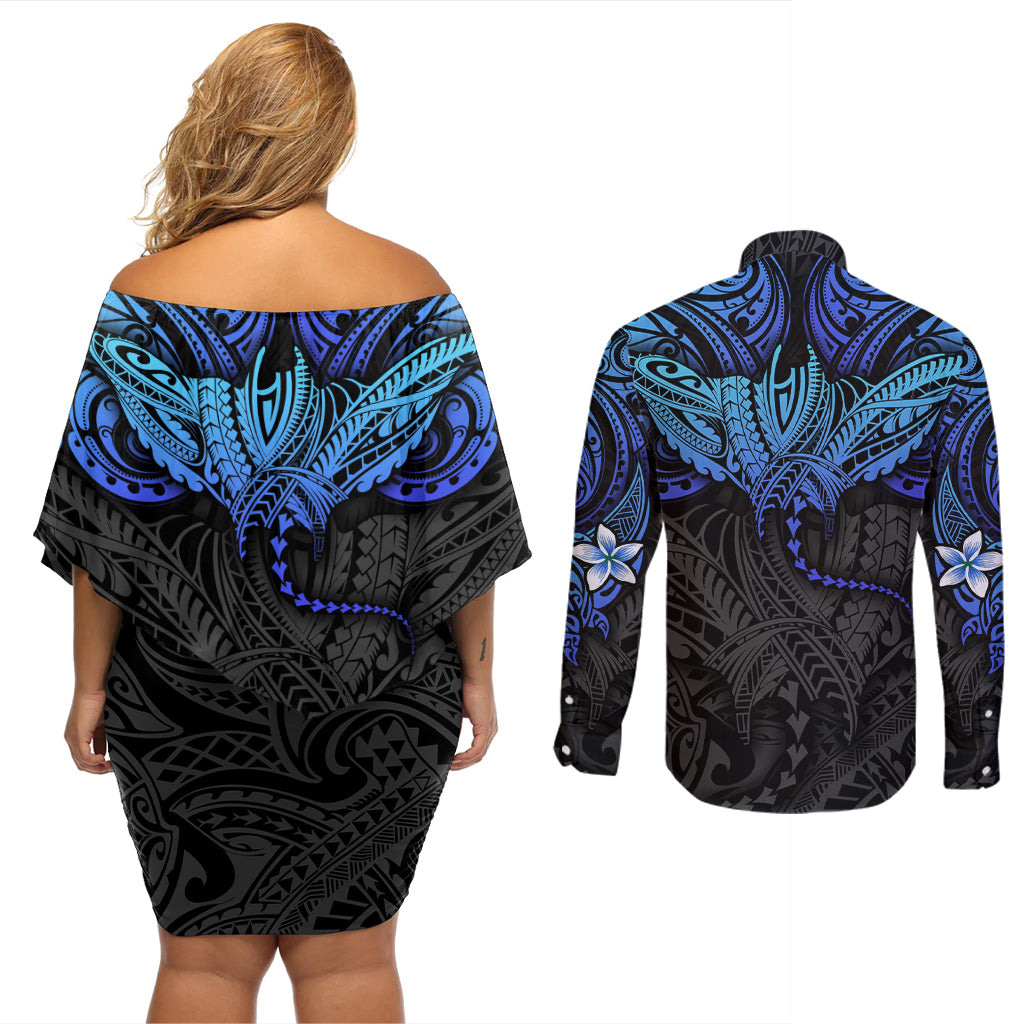 Polynesian Ray Pattern Couples Matching Off Shoulder Short Dress and Long Sleeve Button Shirt - Wonder Print Shop