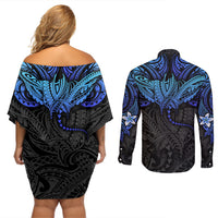 Polynesian Ray Pattern Couples Matching Off Shoulder Short Dress and Long Sleeve Button Shirt - Wonder Print Shop