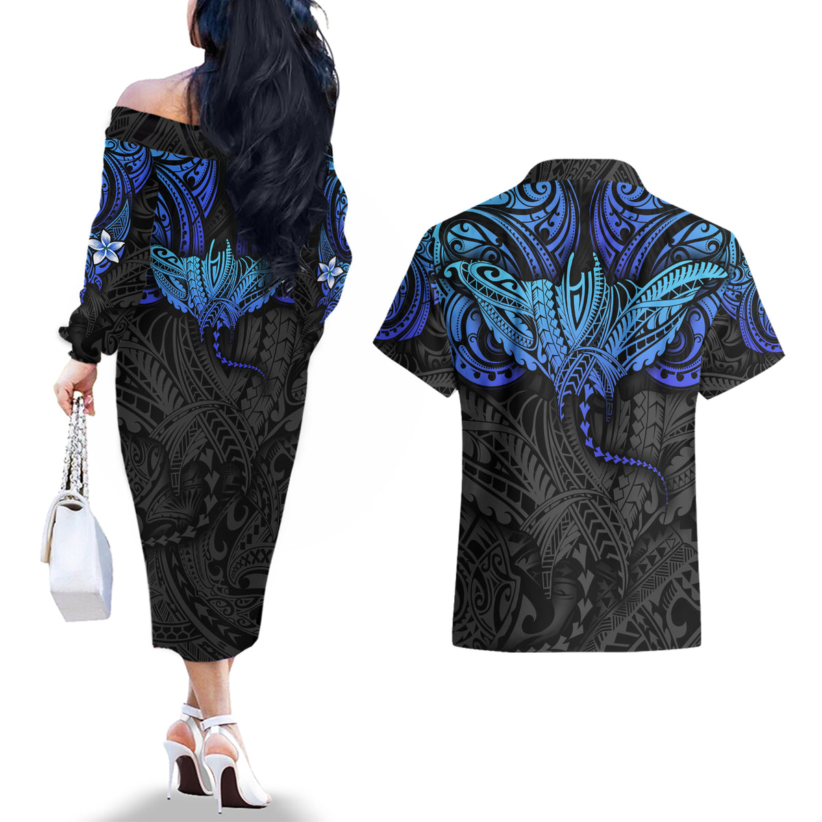 Polynesian Ray Pattern Couples Matching Off The Shoulder Long Sleeve Dress and Hawaiian Shirt - Wonder Print Shop