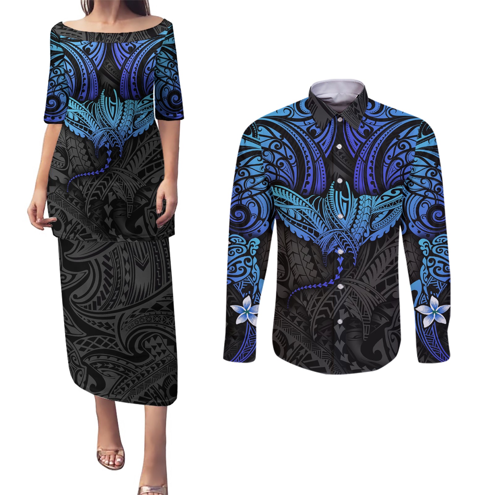 Polynesian Ray Pattern Couples Matching Puletasi Dress and Long Sleeve Button Shirt - Wonder Print Shop