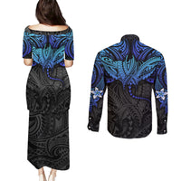 Polynesian Ray Pattern Couples Matching Puletasi Dress and Long Sleeve Button Shirt - Wonder Print Shop