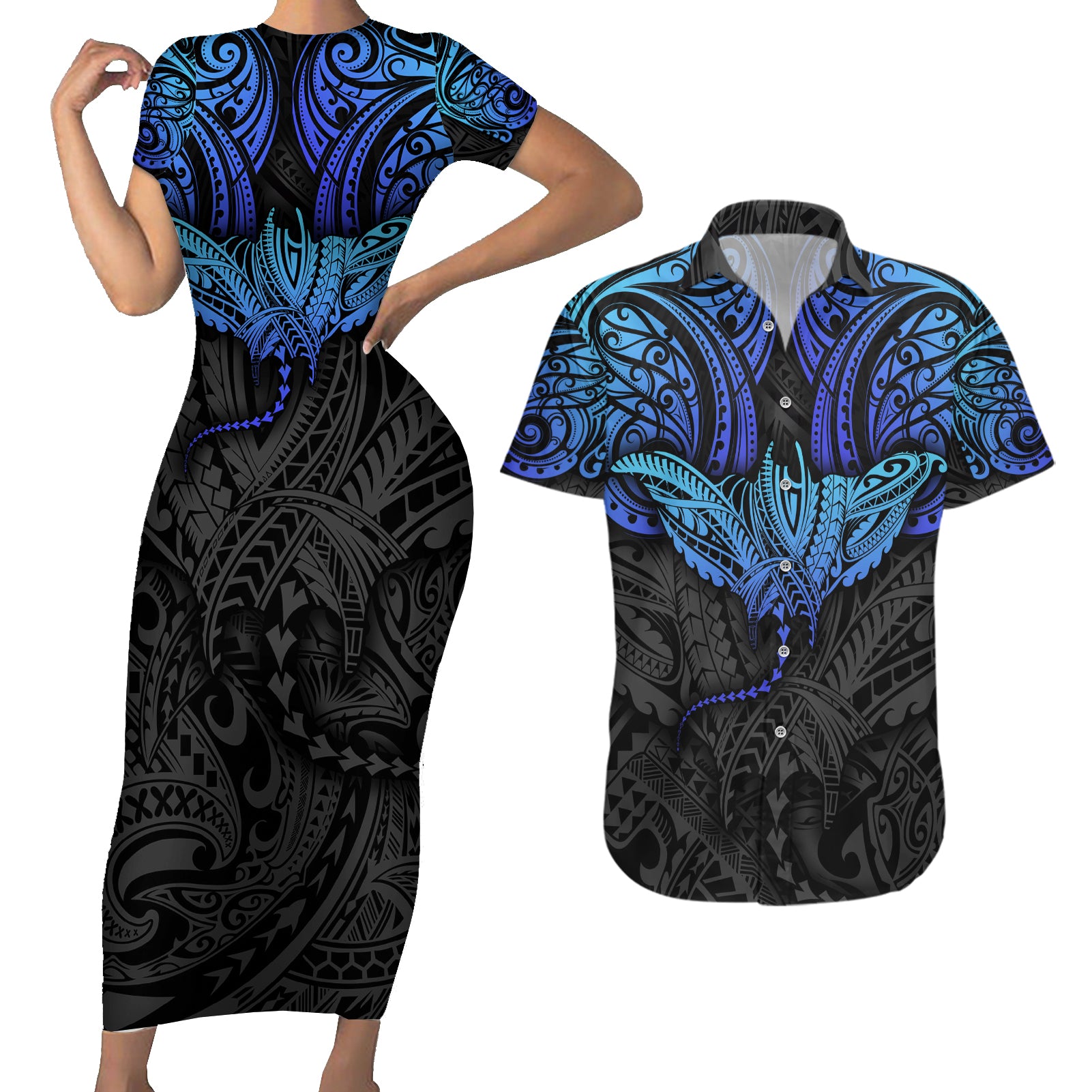Polynesian Ray Pattern Couples Matching Short Sleeve Bodycon Dress and Hawaiian Shirt - Wonder Print Shop