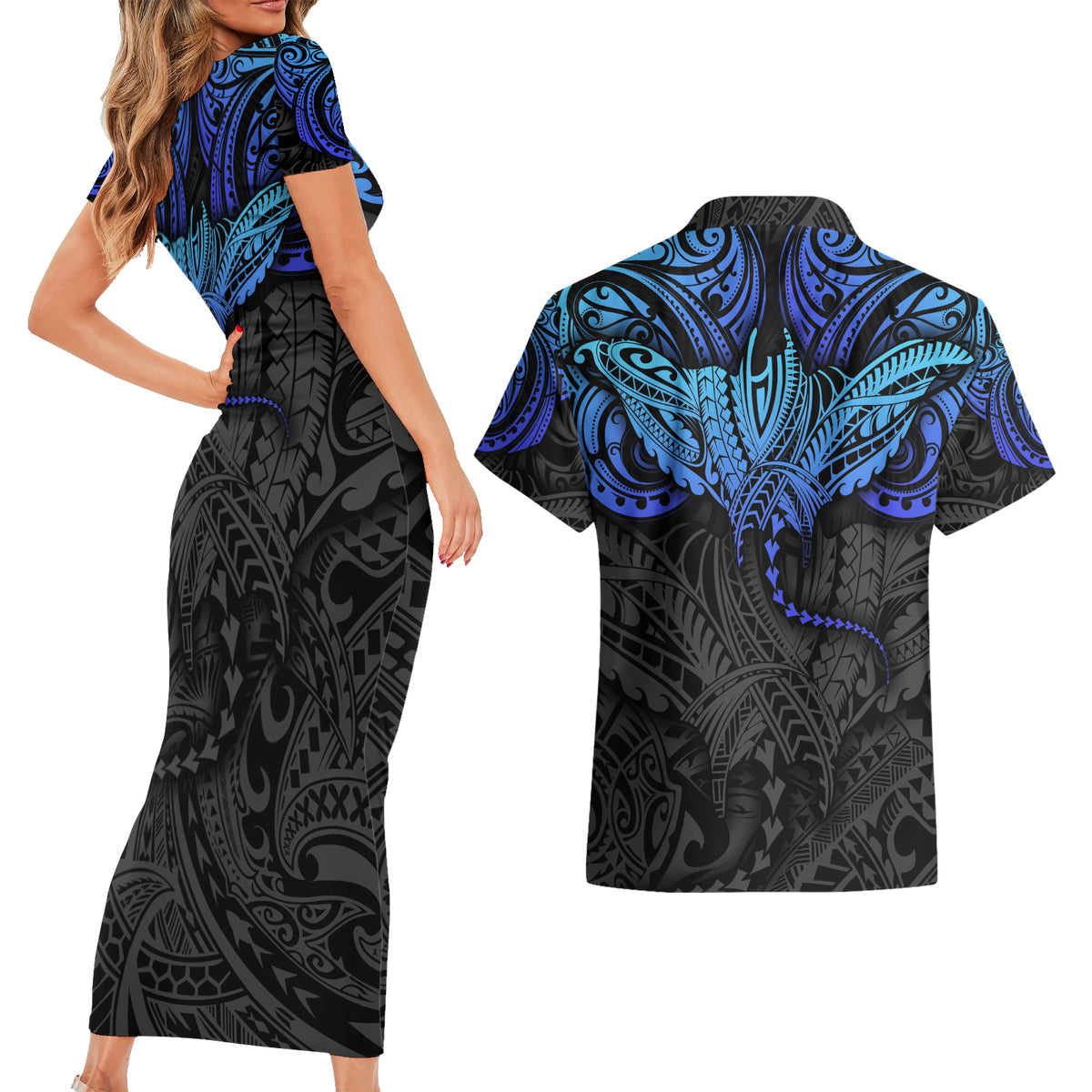 Polynesian Ray Pattern Couples Matching Short Sleeve Bodycon Dress and Hawaiian Shirt - Wonder Print Shop