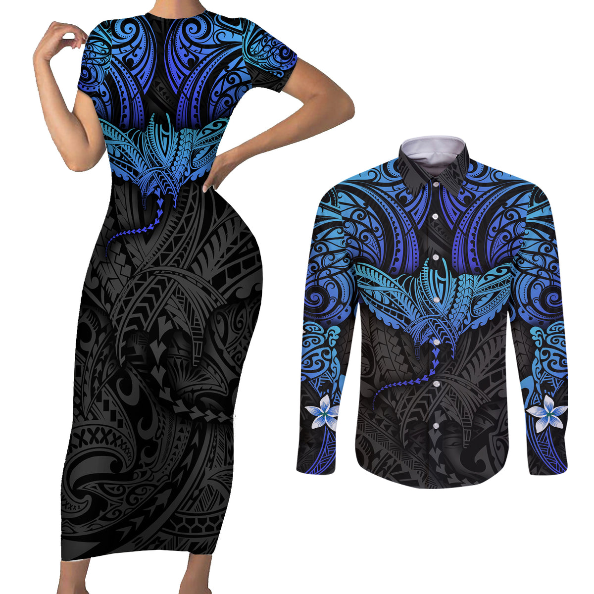 Polynesian Ray Pattern Couples Matching Short Sleeve Bodycon Dress and Long Sleeve Button Shirt - Wonder Print Shop