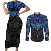 Polynesian Ray Pattern Couples Matching Short Sleeve Bodycon Dress and Long Sleeve Button Shirt - Wonder Print Shop