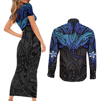 Polynesian Ray Pattern Couples Matching Short Sleeve Bodycon Dress and Long Sleeve Button Shirt - Wonder Print Shop