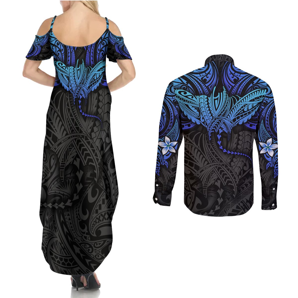 Polynesian Ray Pattern Couples Matching Summer Maxi Dress and Long Sleeve Button Shirt - Wonder Print Shop