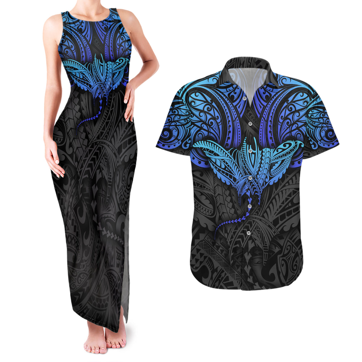 Polynesian Ray Pattern Couples Matching Tank Maxi Dress and Hawaiian Shirt - Wonder Print Shop
