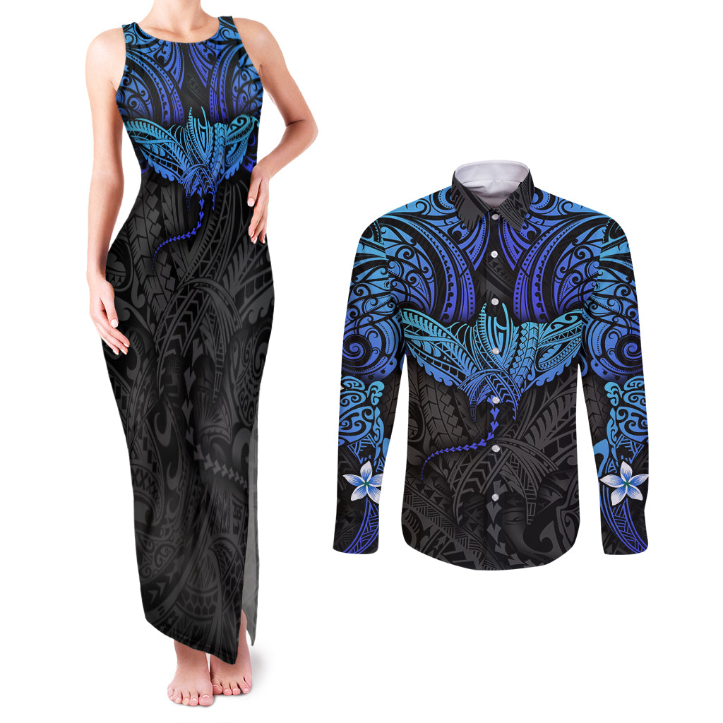 Polynesian Ray Pattern Couples Matching Tank Maxi Dress and Long Sleeve Button Shirt - Wonder Print Shop