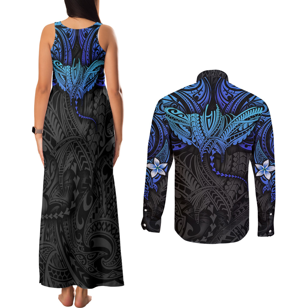 Polynesian Ray Pattern Couples Matching Tank Maxi Dress and Long Sleeve Button Shirt - Wonder Print Shop