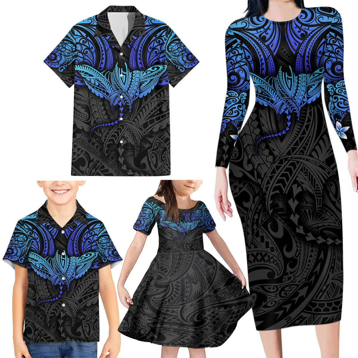 Polynesian Ray Pattern Family Matching Long Sleeve Bodycon Dress and Hawaiian Shirt - Wonder Print Shop