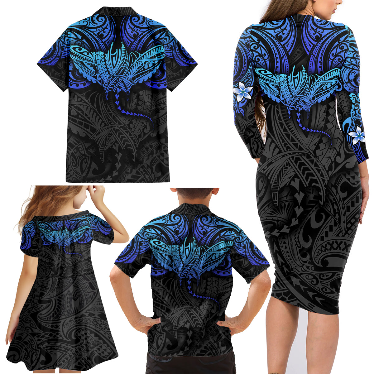 Polynesian Ray Pattern Family Matching Long Sleeve Bodycon Dress and Hawaiian Shirt - Wonder Print Shop