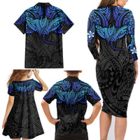 Polynesian Ray Pattern Family Matching Long Sleeve Bodycon Dress and Hawaiian Shirt - Wonder Print Shop