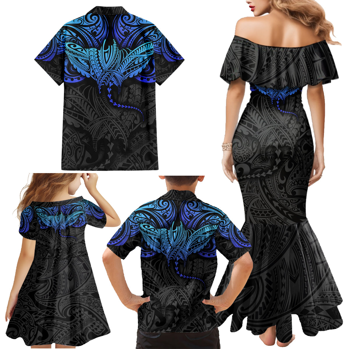 Polynesian Ray Pattern Family Matching Mermaid Dress and Hawaiian Shirt - Wonder Print Shop