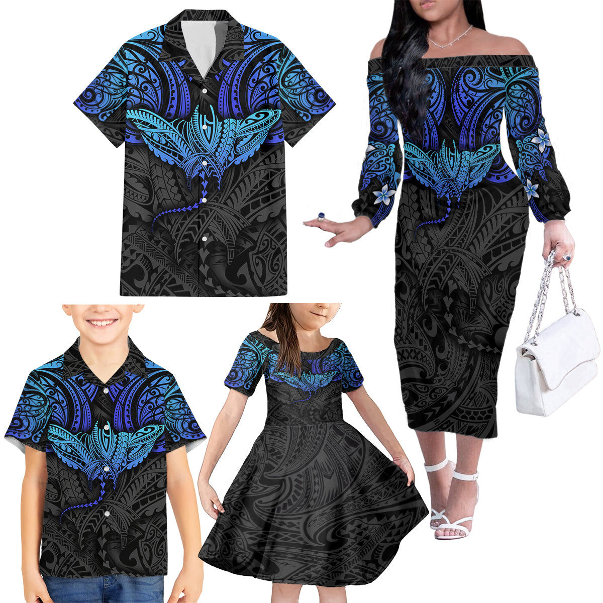 Polynesian Ray Pattern Family Matching Off Shoulder Long Sleeve Dress and Hawaiian Shirt - Wonder Print Shop