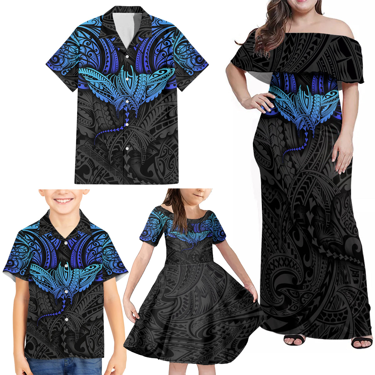 Polynesian Ray Pattern Family Matching Off Shoulder Maxi Dress and Hawaiian Shirt - Wonder Print Shop