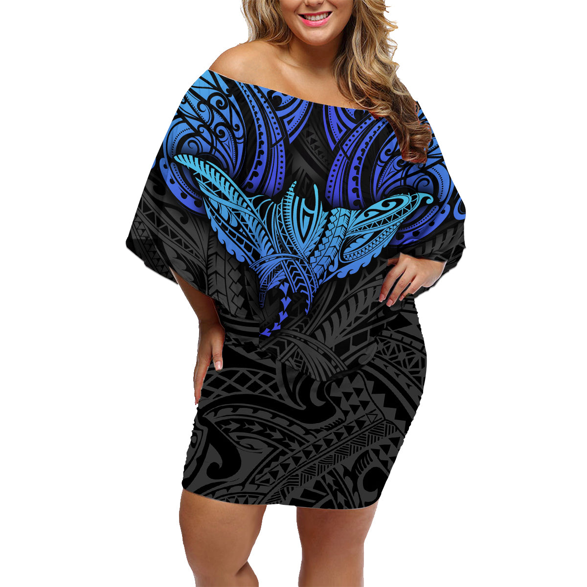 Polynesian Ray Pattern Family Matching Off Shoulder Short Dress and Hawaiian Shirt - Wonder Print Shop