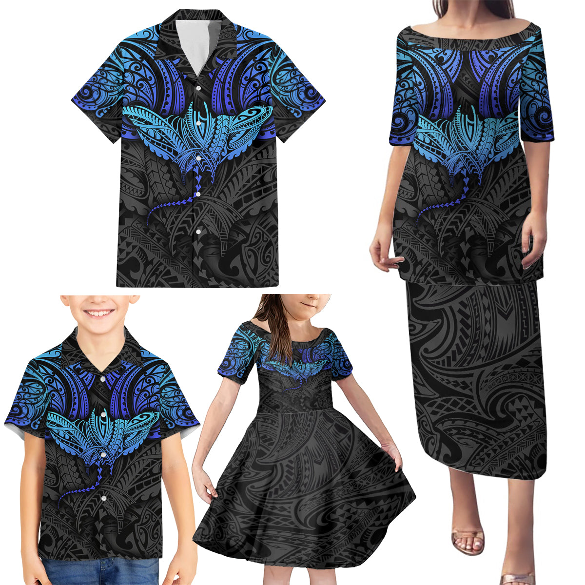 Polynesian Ray Pattern Family Matching Puletasi Dress and Hawaiian Shirt - Wonder Print Shop