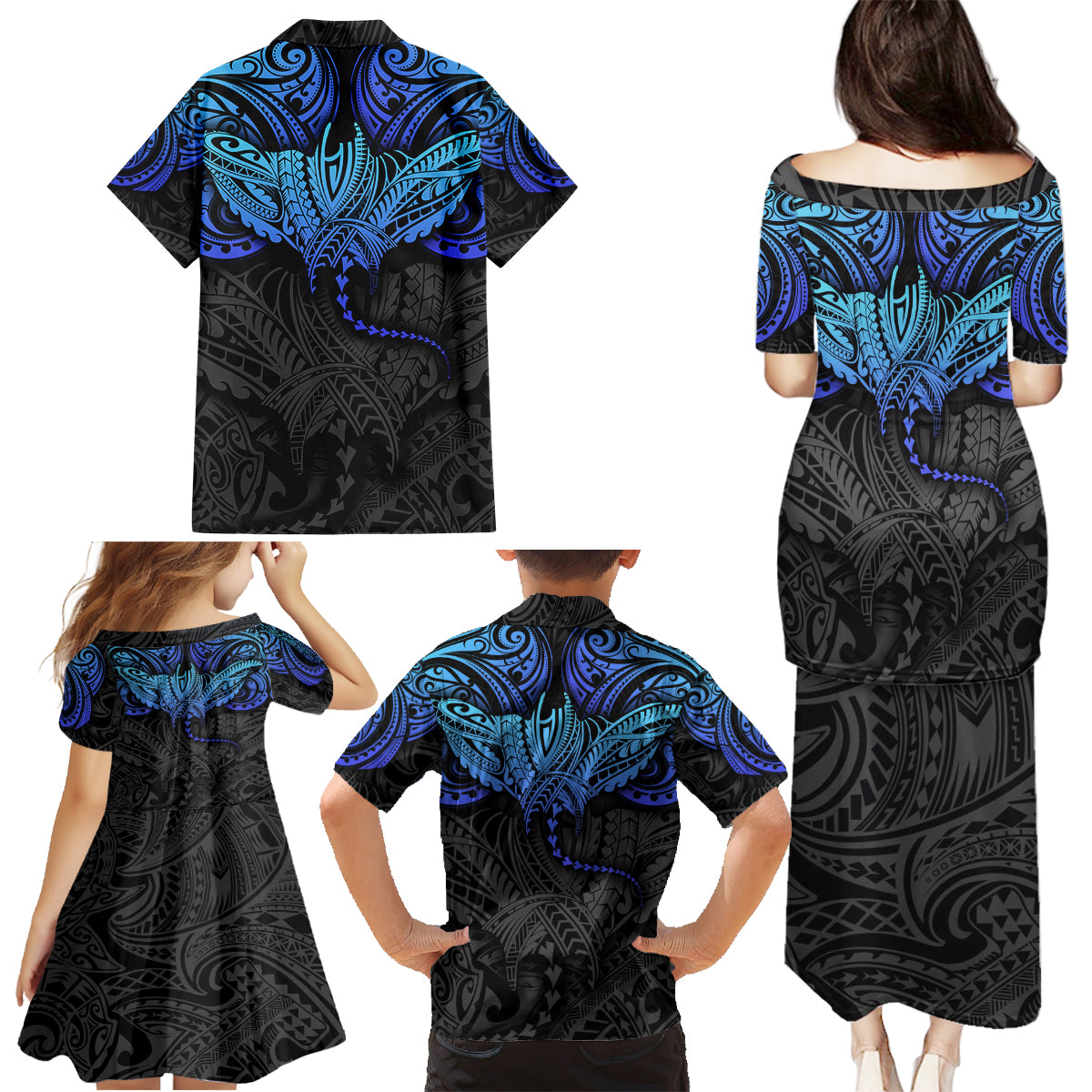 Polynesian Ray Pattern Family Matching Puletasi Dress and Hawaiian Shirt - Wonder Print Shop