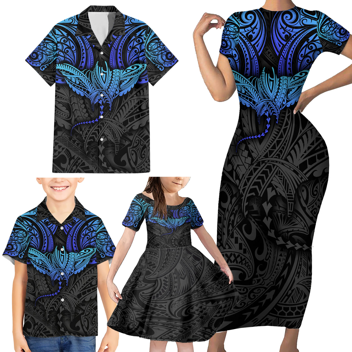 Polynesian Ray Pattern Family Matching Short Sleeve Bodycon Dress and Hawaiian Shirt - Wonder Print Shop