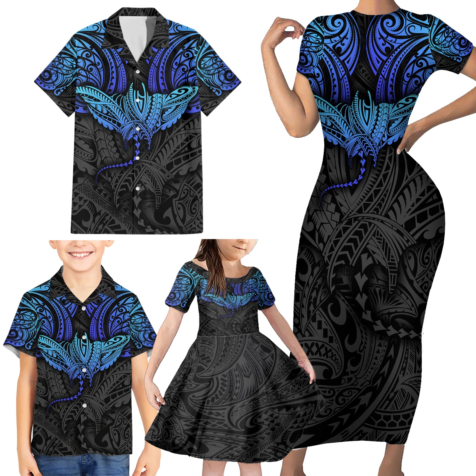 Polynesian Ray Pattern Family Matching Short Sleeve Bodycon Dress and Hawaiian Shirt - Wonder Print Shop