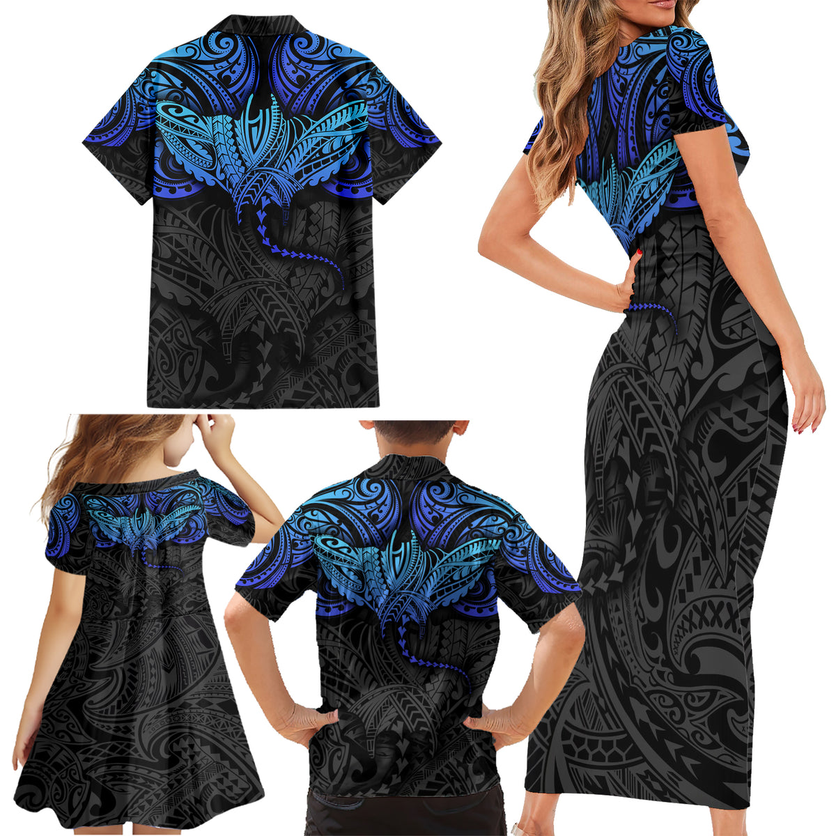 Polynesian Ray Pattern Family Matching Short Sleeve Bodycon Dress and Hawaiian Shirt - Wonder Print Shop