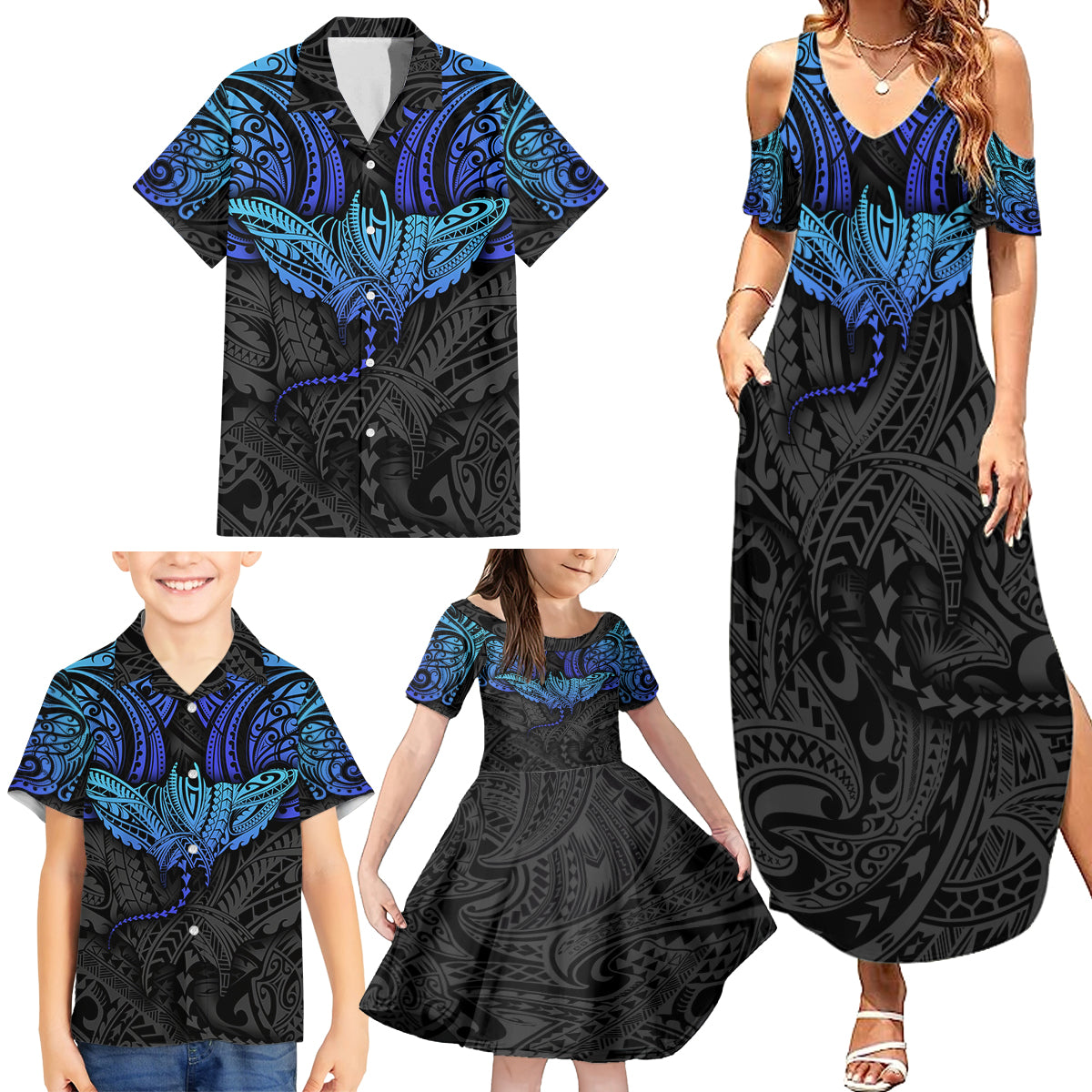 Polynesian Ray Pattern Family Matching Summer Maxi Dress and Hawaiian Shirt - Wonder Print Shop