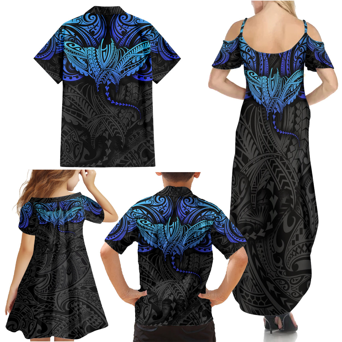 Polynesian Ray Pattern Family Matching Summer Maxi Dress and Hawaiian Shirt - Wonder Print Shop