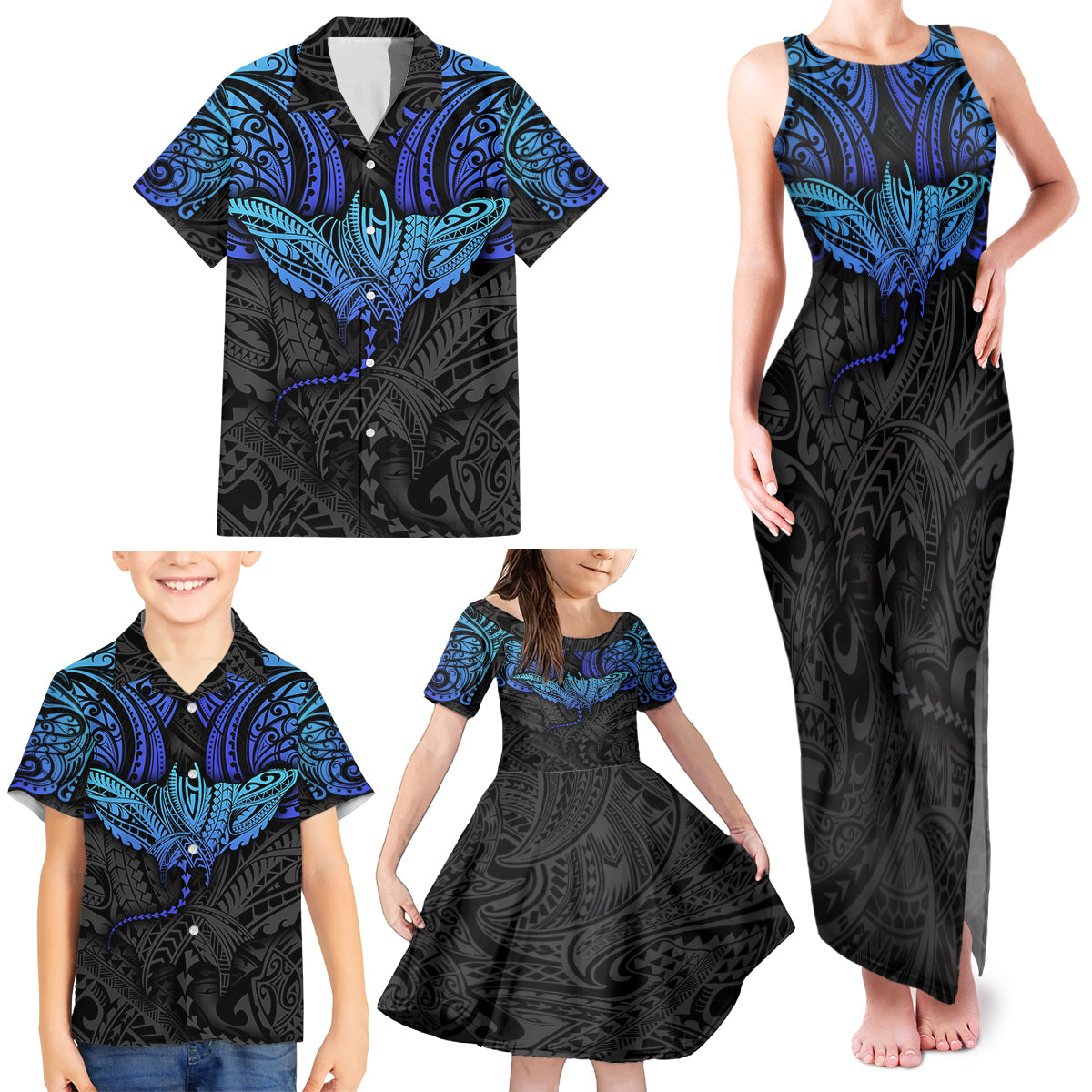 Polynesian Ray Pattern Family Matching Tank Maxi Dress and Hawaiian Shirt - Wonder Print Shop