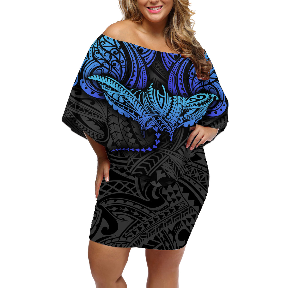 Polynesian Ray Pattern Off Shoulder Short Dress - Wonder Print Shop