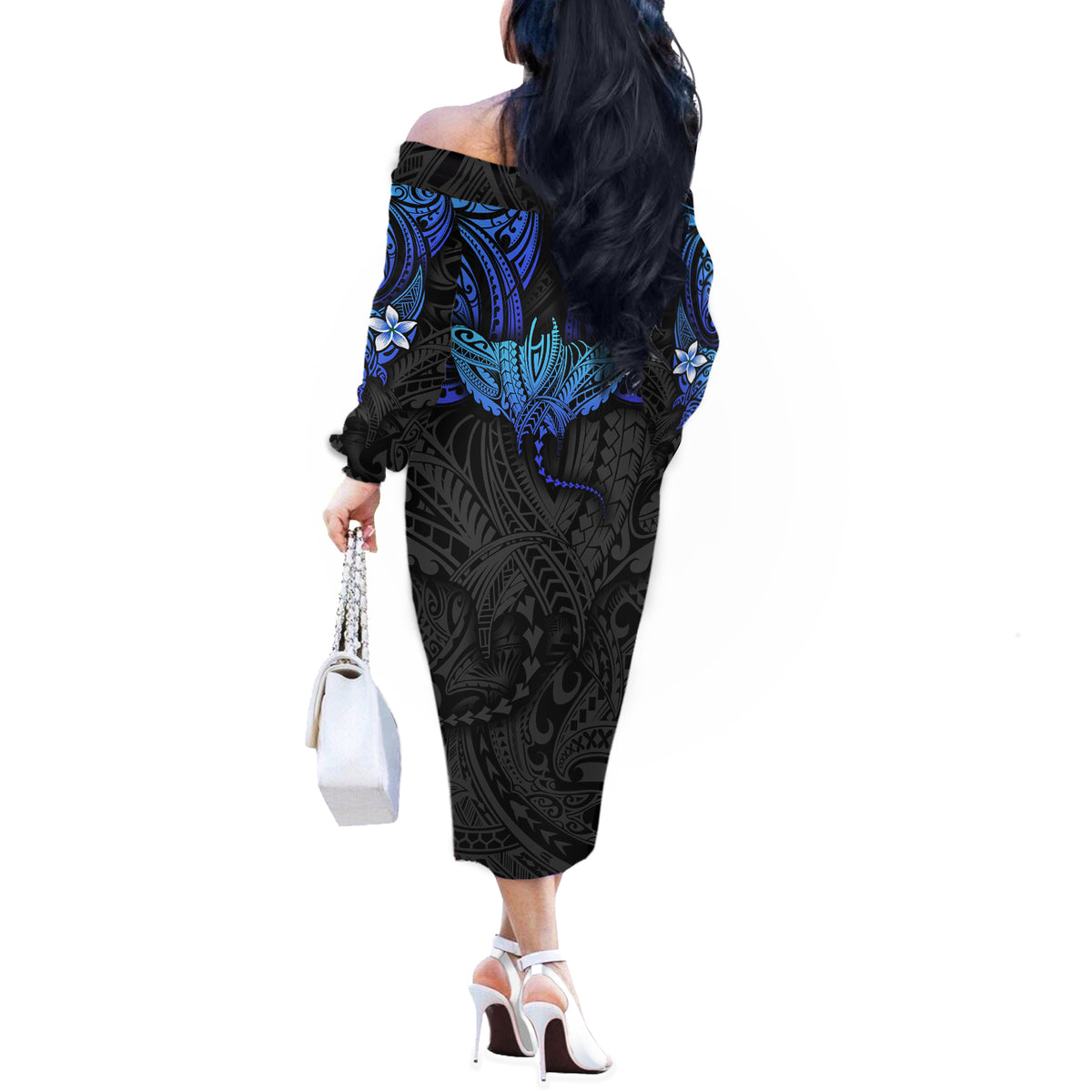 Polynesian Ray Pattern Off The Shoulder Long Sleeve Dress - Wonder Print Shop
